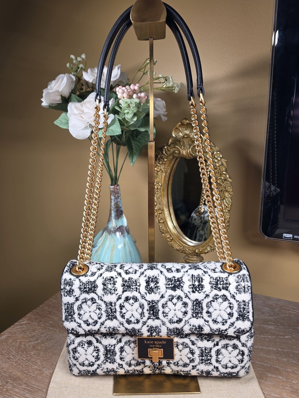 kate spade Evelyn Spade Flower Monogram Tweed Handbag NWT & Dusty! (Retail $498)